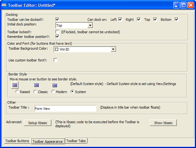 Toolbar Editor Appearance Tab