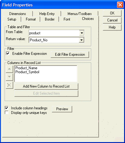 Object Properties Record List Product Choices