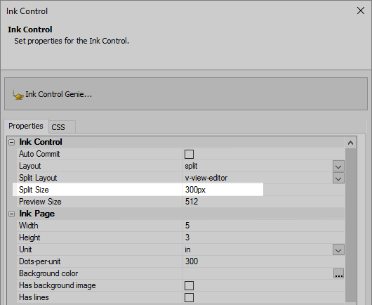 The split size property's default is 300px