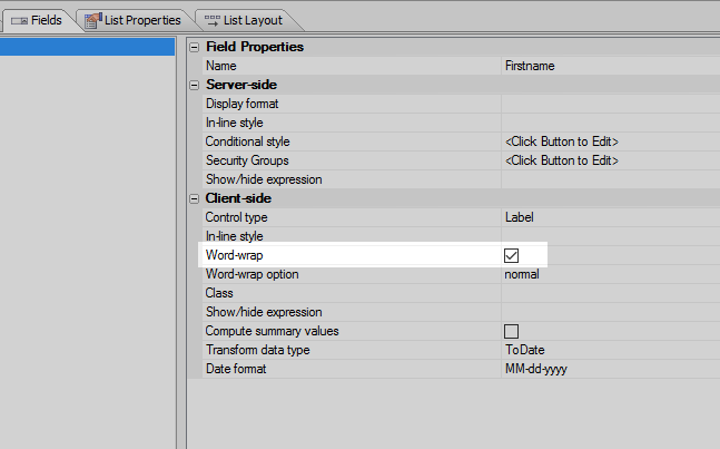 The property setting's location in the List Builder