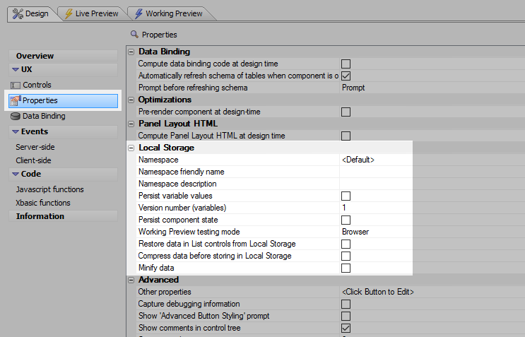The Local Storage section on the UX Properties page