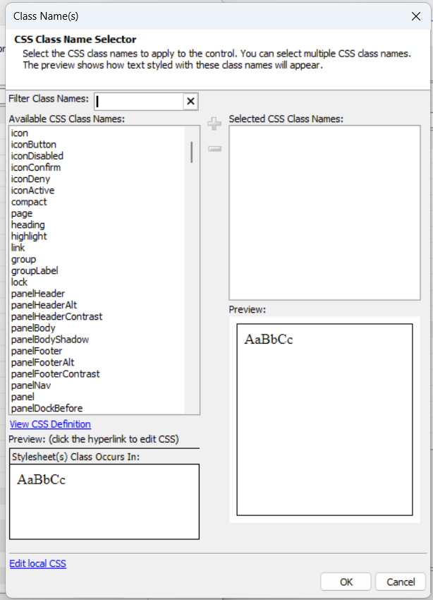 Selecting Window body class name opens the CSS Class names dialog