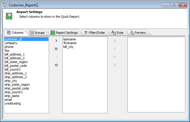 Customer List Quick Report Columns