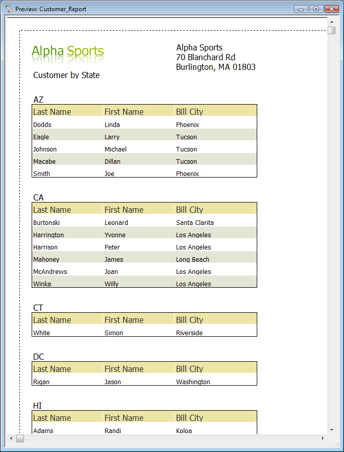 Customer List Report Full Preview