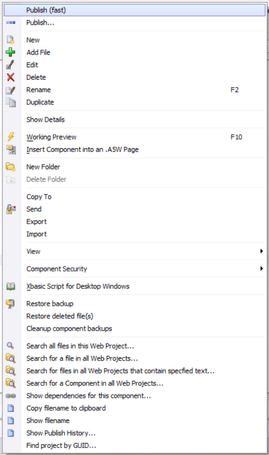The shortcut menu that appears when you right-click in the file area of the Web
                    Projects Control Panel.