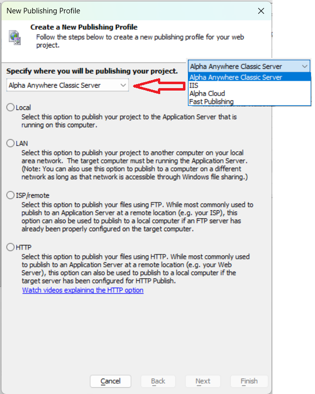 The New Publishing Profile dropdown for selecting profile type.
