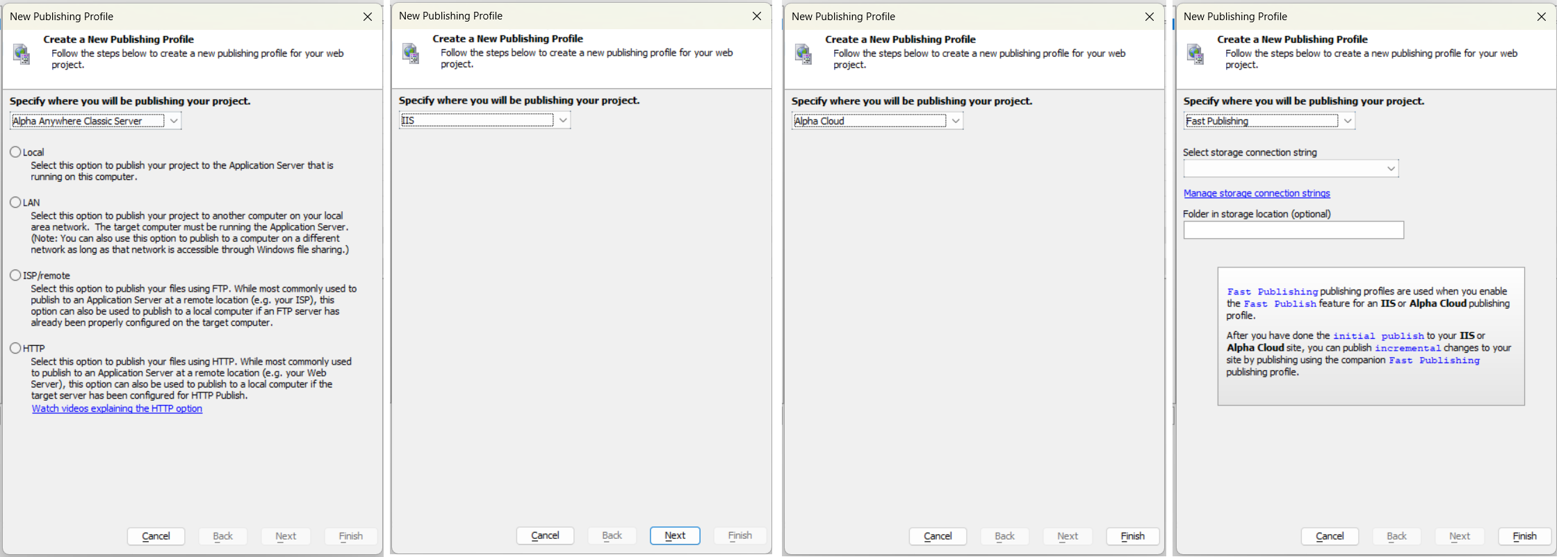 The four main Web Project Profiles dialogs for publishing.