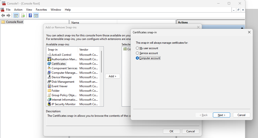 Create Cert Request Certificates Snapin