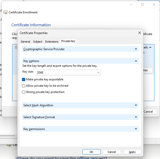 Create Cert Request Key Options