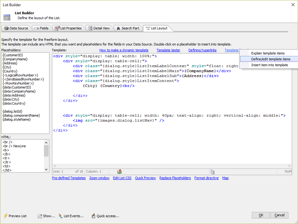 Click the "Define/edit template items" option to create new or edit existing Items.