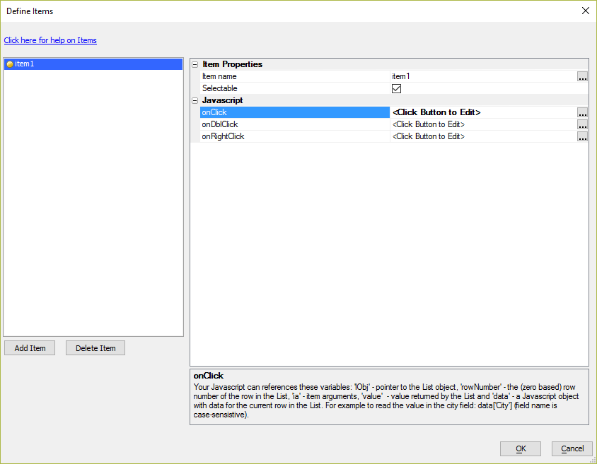 The a5-item, "item1", displays the value of the argument passed to the item when the onClick event occurs.