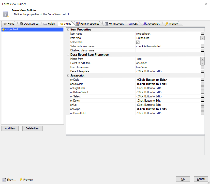 The Items tab in the FormView Builder.