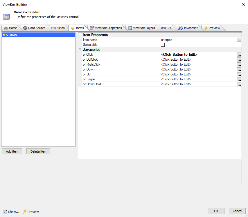 The Items tab in the ViewBox Builder.