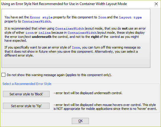 Using an Error Style Not Recommended for Use in Container Width Layout Mode Warning Dialog