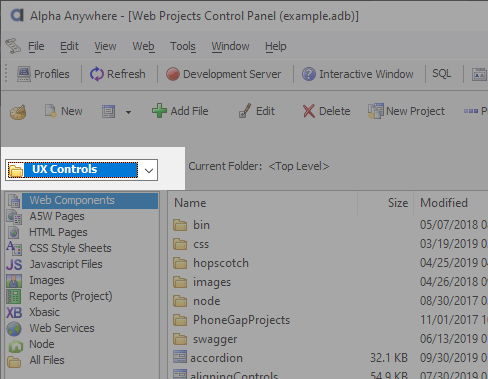 The Project dropdown can be used to change the active Web Project