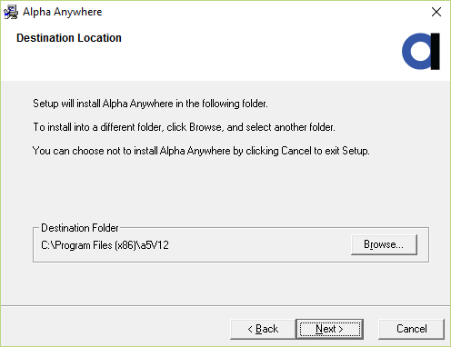 The Destination Location defines where Alpha Anywhere is installed