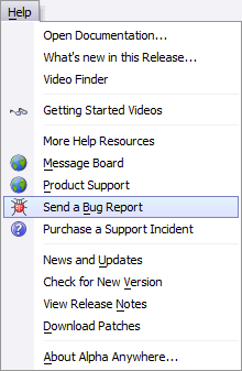 Sending a bug report from the Alpha Anywhere Help Menu